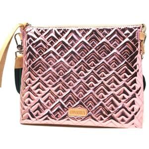 Consuela Quinn Rose Gold Metallic Quilted Wedge Crossbody Handbag Purse